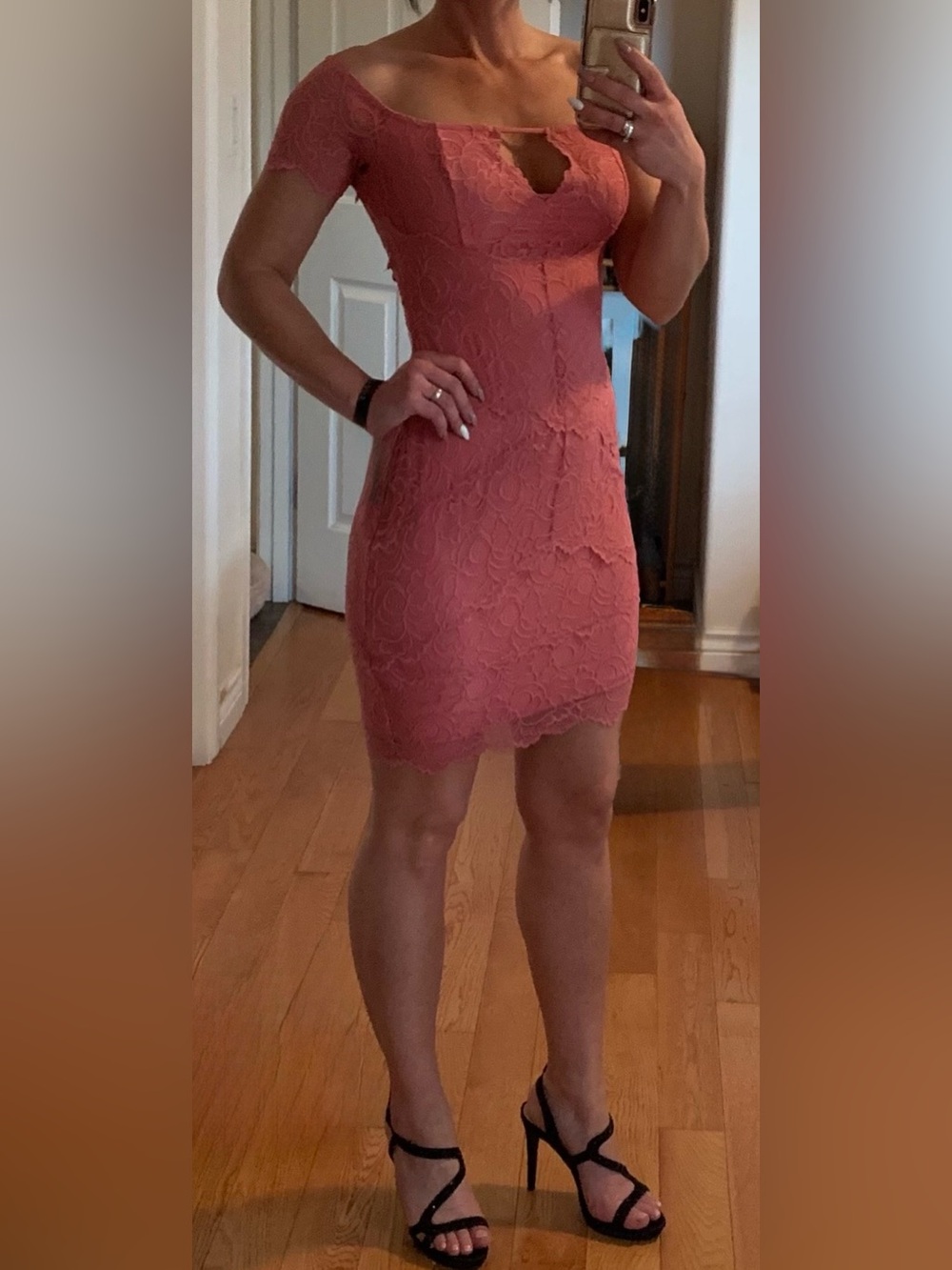 Guess Lace Off-Shoulder Mini Dress in Dusty Rose